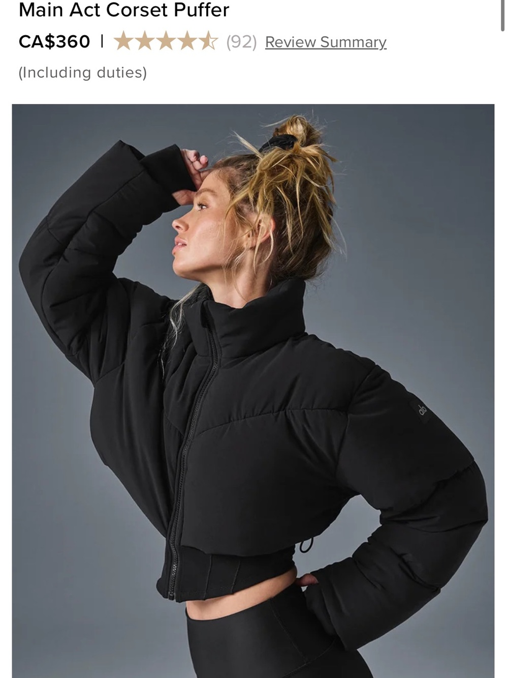 ALO Yoga Black Cropped Corset Puffer Jacket